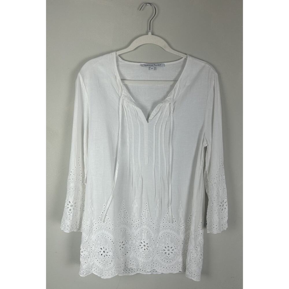 Marina Luna Eyelet White Peasant Linen Blend Lagenlook Prairie Country Medium